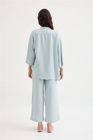Alora Kemerli Keten Karışımlı Takım - Turkuaz 