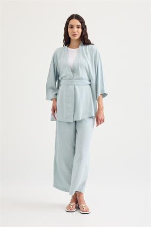 Alora Kemerli Keten Karışımlı Takım - Turkuaz 