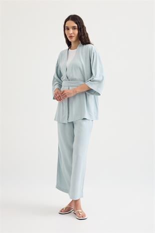 Alora Kemerli Keten Karışımlı Takım - Turkuaz 