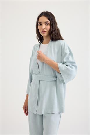 Alora Kemerli Keten Karışımlı Takım - Turkuaz 
