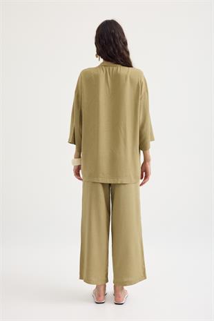 Alora Kemerli Keten Karışımlı Takım - Yağ yeşil 
