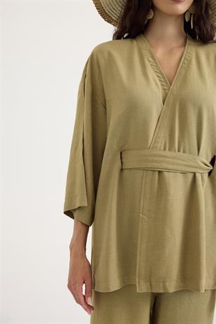 Alora Kemerli Keten Karışımlı Takım - Yağ yeşil 