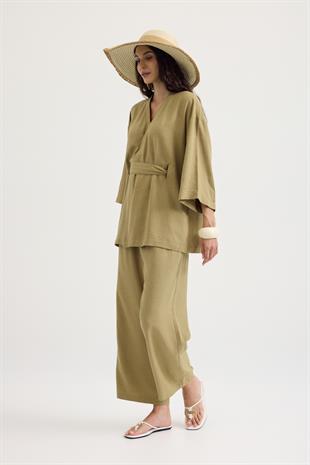 Alora Kemerli Keten Karışımlı Takım - Yağ yeşil 