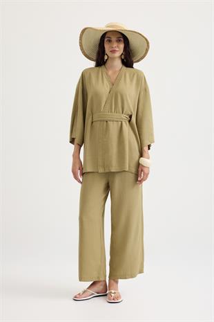 Alora Kemerli Keten Karışımlı Takım - Yağ yeşil 