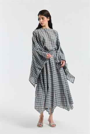 Amara Müslin Ekose Desenli Pelerin  Takım - Bebe mavi