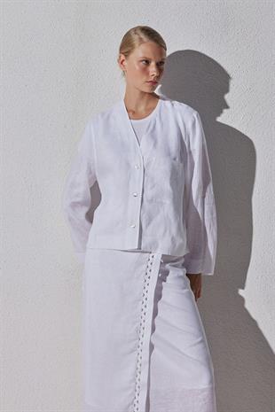 Amber Linen Düğmeli Gömlek - Beyaz