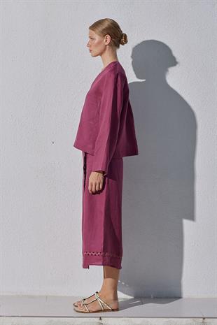 Amber Linen Düğmeli Gömlek - Bordo