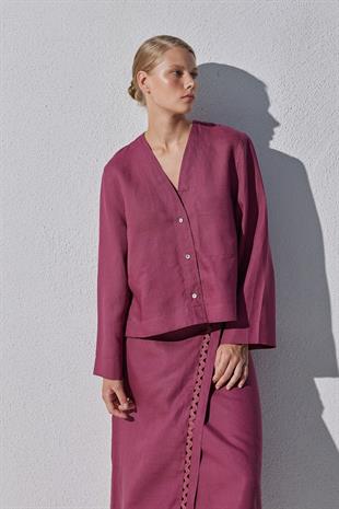 Amber Linen Düğmeli Gömlek - Bordo