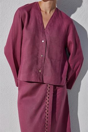Amber Linen Düğmeli Gömlek - Bordo