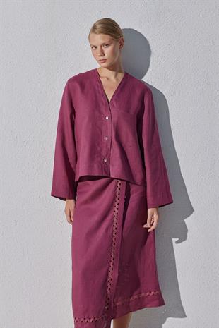 Amber Linen Düğmeli Gömlek - Bordo