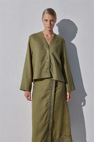 Amber Linen Düğmeli Gömlek - Haki