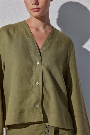 Amber Linen Düğmeli Gömlek - Haki