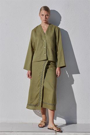 Amber Linen Düğmeli Gömlek - Haki