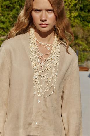 Amber Linen Düğmeli Gömlek - Vizon