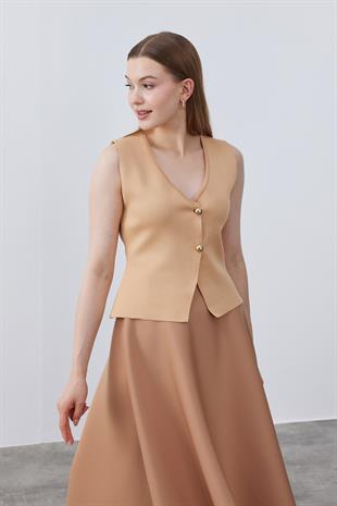 Anastasia Çelik Örme Gold Düğmeli Yelek - Camel
