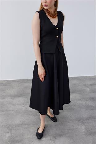 Anastasia Çelik Örme Gold Düğmeli Yelek - Siyah