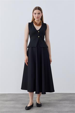 Anastasia Çelik Örme Gold Düğmeli Yelek - Siyah