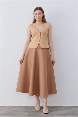 Anastasia Çelik Örme Gold Düğmeli Yelek - Camel