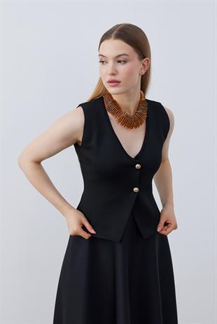Anastasia Çelik Örme Gold Düğmeli Yelek - Siyah