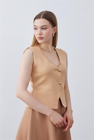 Anastasia Çelik Örme Gold Düğmeli Yelek - Camel