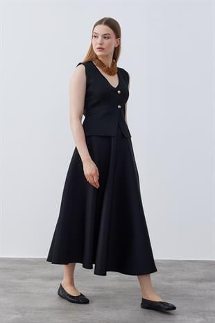 Anastasia Çelik Örme Gold Düğmeli Yelek - Siyah