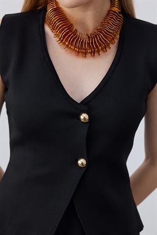 Anastasia Çelik Örme Gold Düğmeli Yelek - Siyah