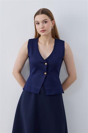 Anastasia Çelik Örme Gold Düğmeli Yelek - Lacivert