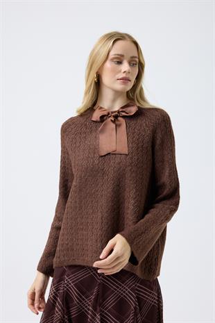 Angelina Fiyonklu Kazak - Kahverengi 