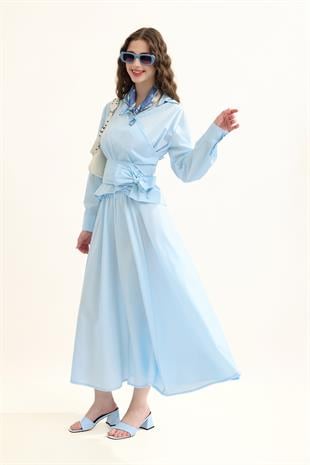 Anna Bağlamalı Poplin Takım - Mavi