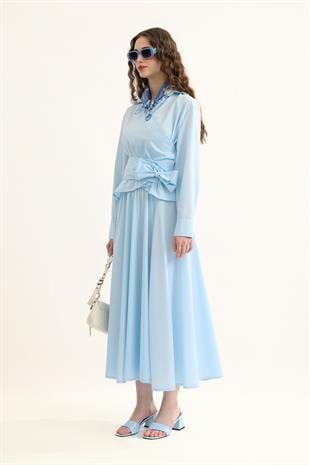 Anna Bağlamalı Poplin Takım - Mavi