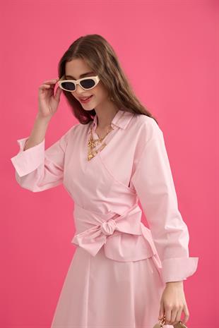 Anna Bağlamalı Poplin Takım - Pembe