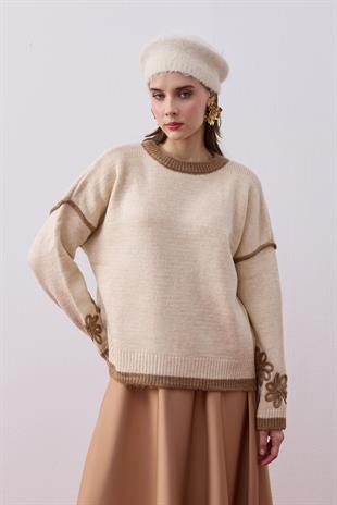 Ashley Çiçek Motifli Kazak - Bej