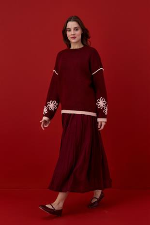 Ashley Çiçek Motifli Kazak- Bordo