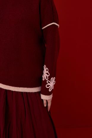 Ashley Çiçek Motifli Kazak- Bordo