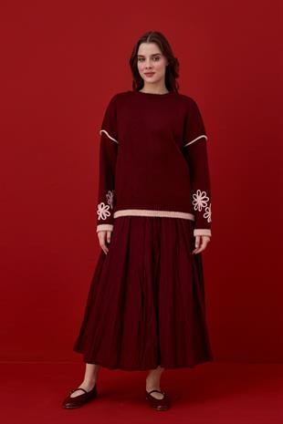 Ashley Çiçek Motifli Kazak- Bordo