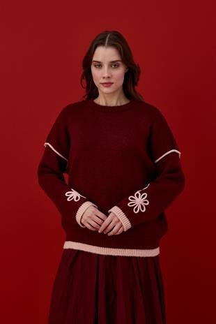 Ashley Çiçek Motifli Kazak- Bordo