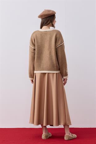 Ashley Çiçek Motifli Kazak - Camel