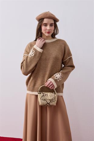 Ashley Çiçek Motifli Kazak - Camel