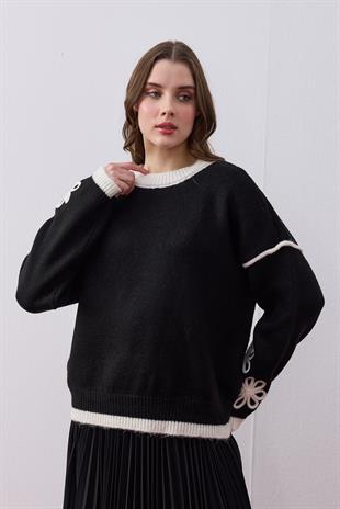 Ashley Çiçek Motifli Kazak - Siyah