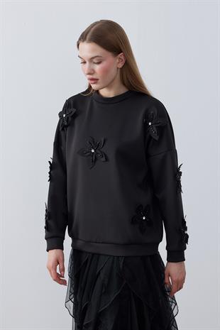 Aura Çiçek Motifli Skuba Tunik-Siyah