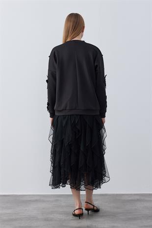 Aura Çiçek Motifli Skuba Tunik-Siyah