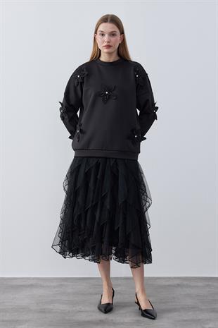 Aura Çiçek Motifli Skuba Tunik-Siyah