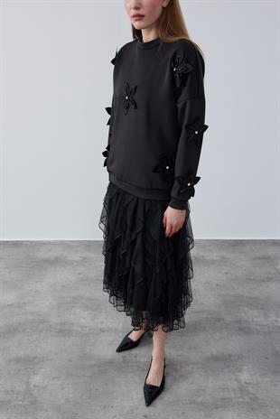 Aura Çiçek Motifli Skuba Tunik-Siyah