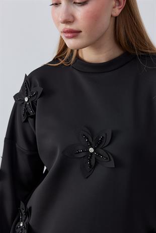 Aura Çiçek Motifli Skuba Tunik-Siyah