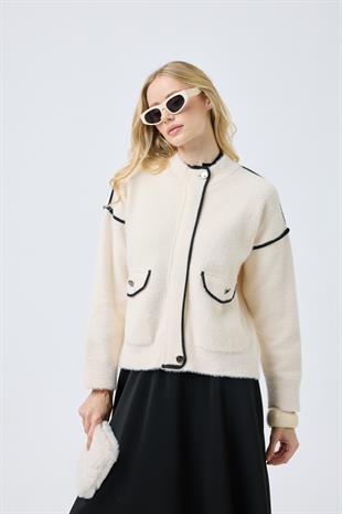 Ayla Kontrast Biyeli Angora Hırka