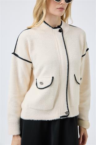 Ayla Kontrast Biyeli Angora Hırka