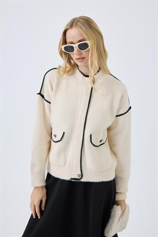 Ayla Kontrast Biyeli Angora Hırka