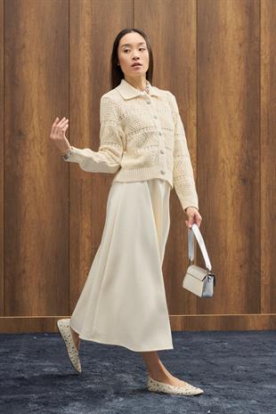 Azur Taşlı Düğmeli Hırka - Bej 