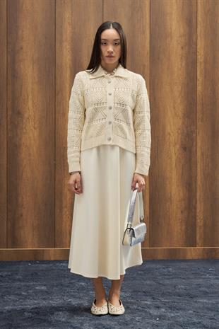 Azur Taşlı Düğmeli Hırka - Bej 