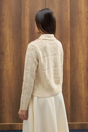 Azur Taşlı Düğmeli Hırka - Bej 